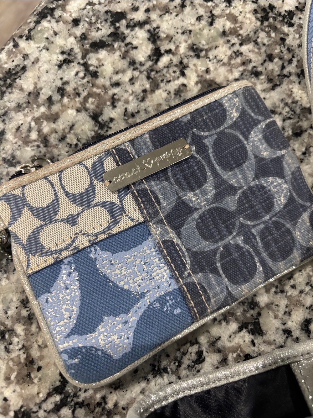 Coach Patchwork Signature Tote in Blue and Cream with Silver Trim - Picture 2 of 12